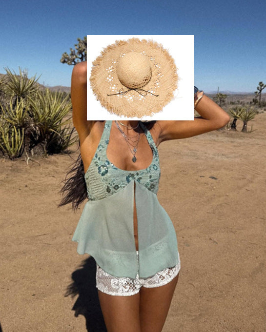 Ladies airy flowing beach top with ruffle details and transparent trim Lisslune