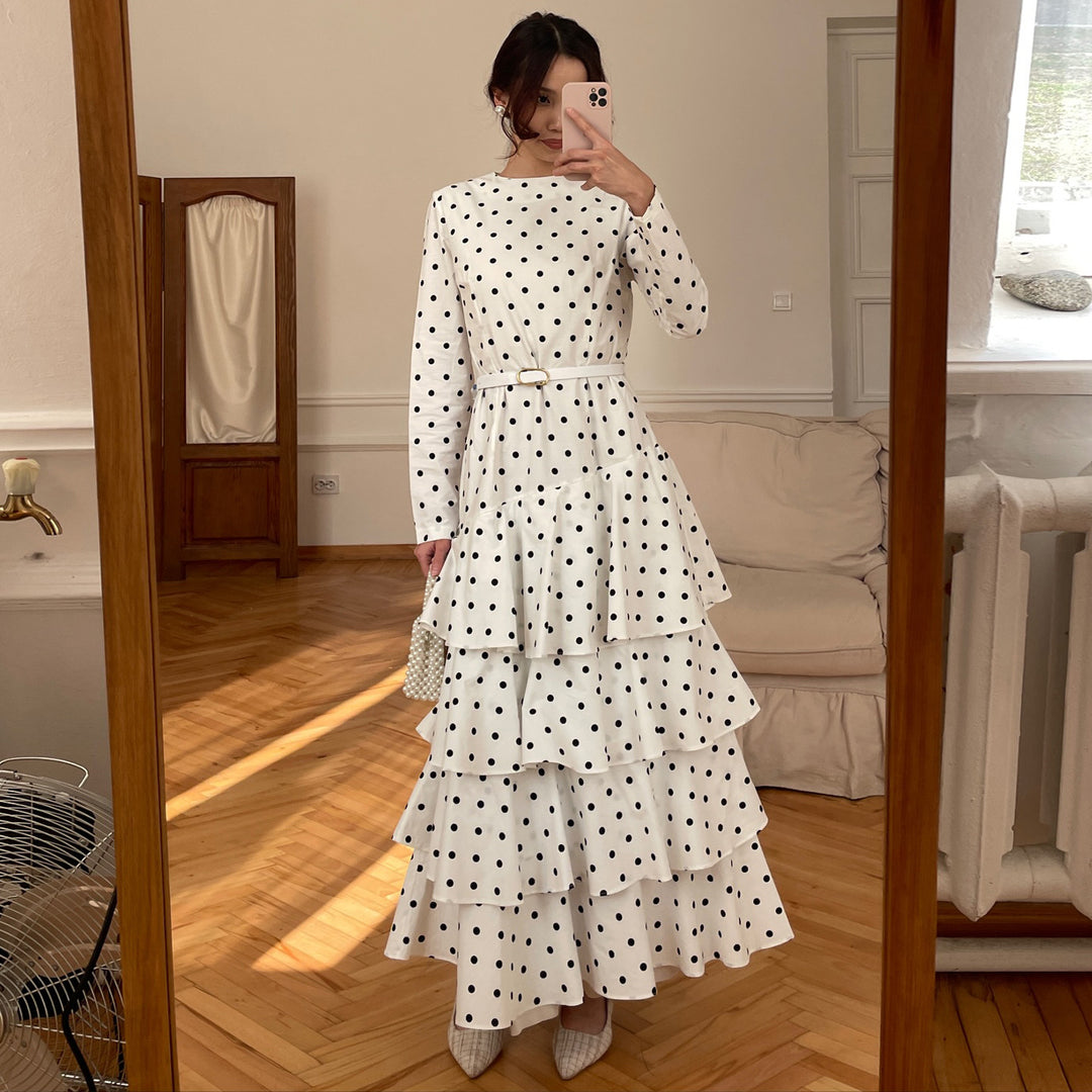 Women's maxi dress with ruffle details and fashionable polka dot design