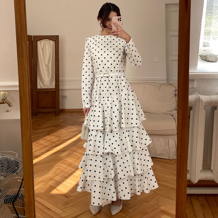 Women's maxi dress with ruffle details and fashionable polka dot design