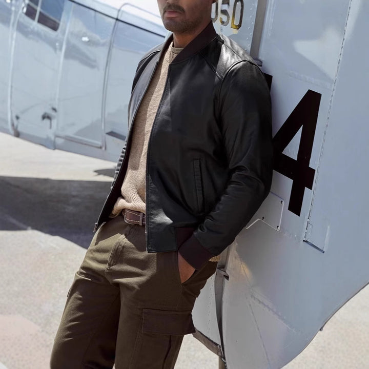 Men's Synthetic Leather Bomber Jacket with Elastic Cuffs Lisslune