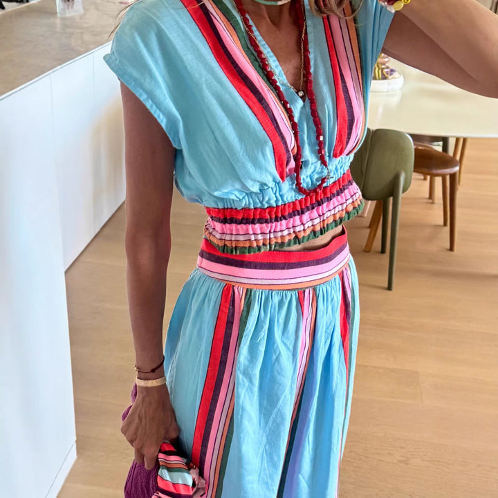 Ladies Beach Maxi Dress with Elastic Waistband and Colorful Striped Pattern Lune London
