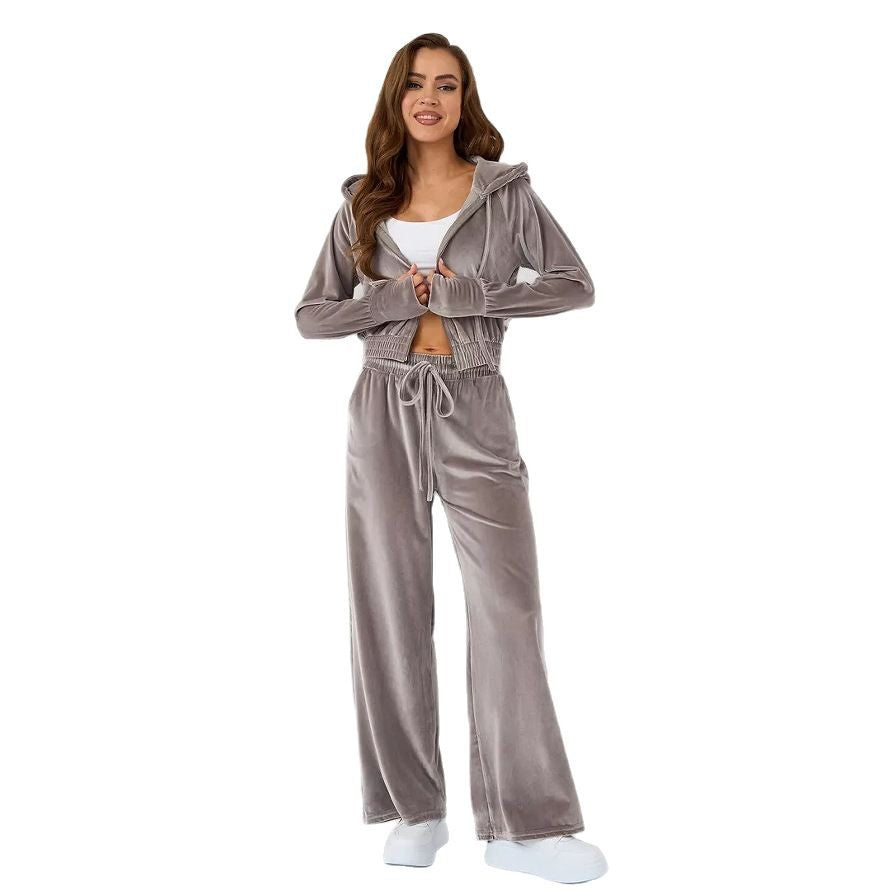 Ladies fashionable velour loungewear set with cropped jacket and wide pants Lisslune