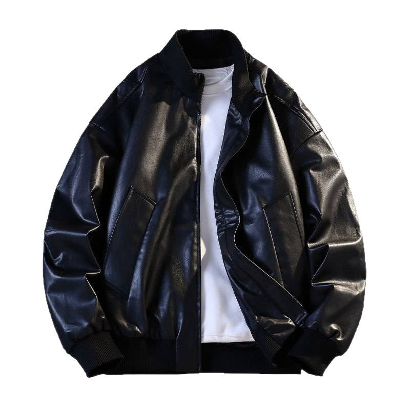 Men's Synthetic Leather Bomber Jacket with Elastic Ribbed Cuffs and Practical Pockets Lisslune