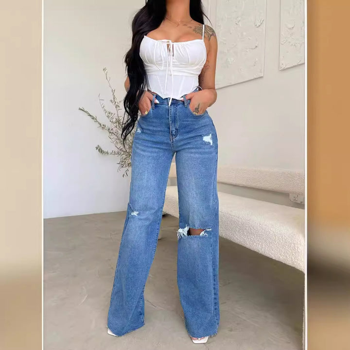 Women's wide-cut jeans with distressed details and high waistband Lisslune