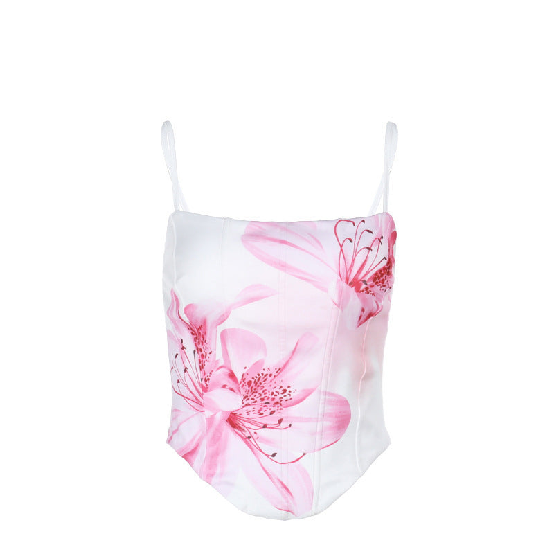 Women's mini dress with floral print and narrow spaghetti straps