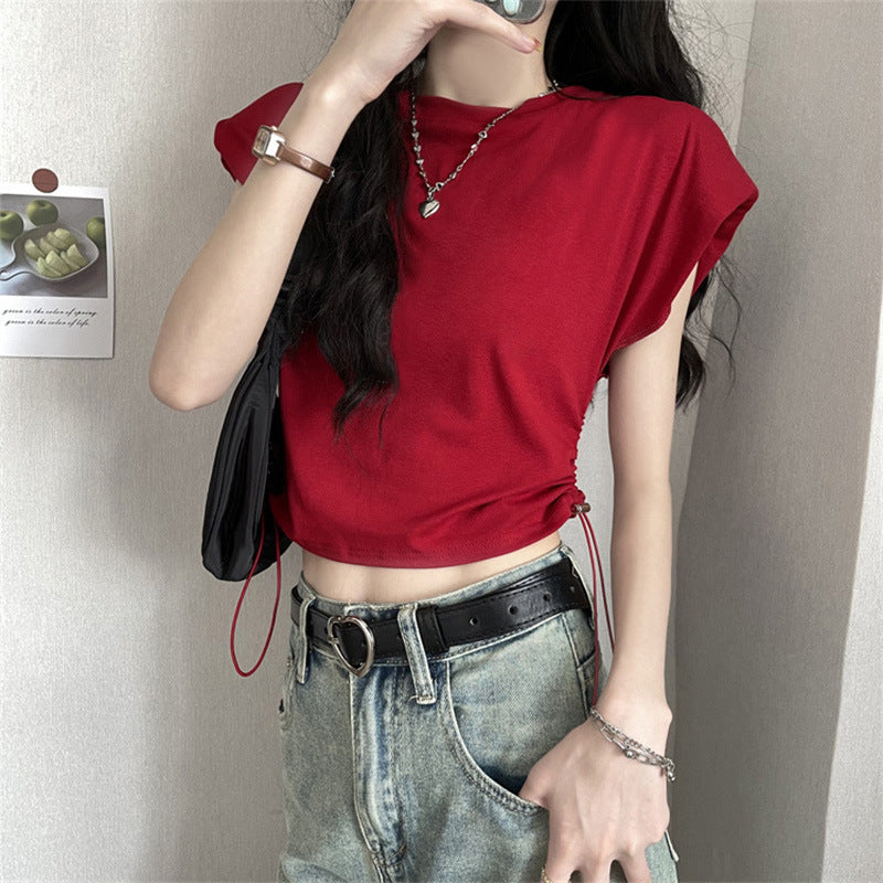 Women's Cropped T-Shirt with adjustable drawstring and trendy puff sleeves