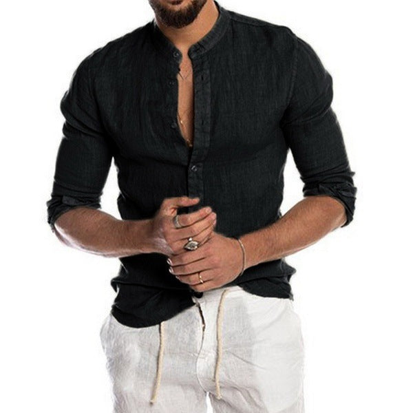 Men's linen shirt with modern stand-up collar and classic button detail Lisslune