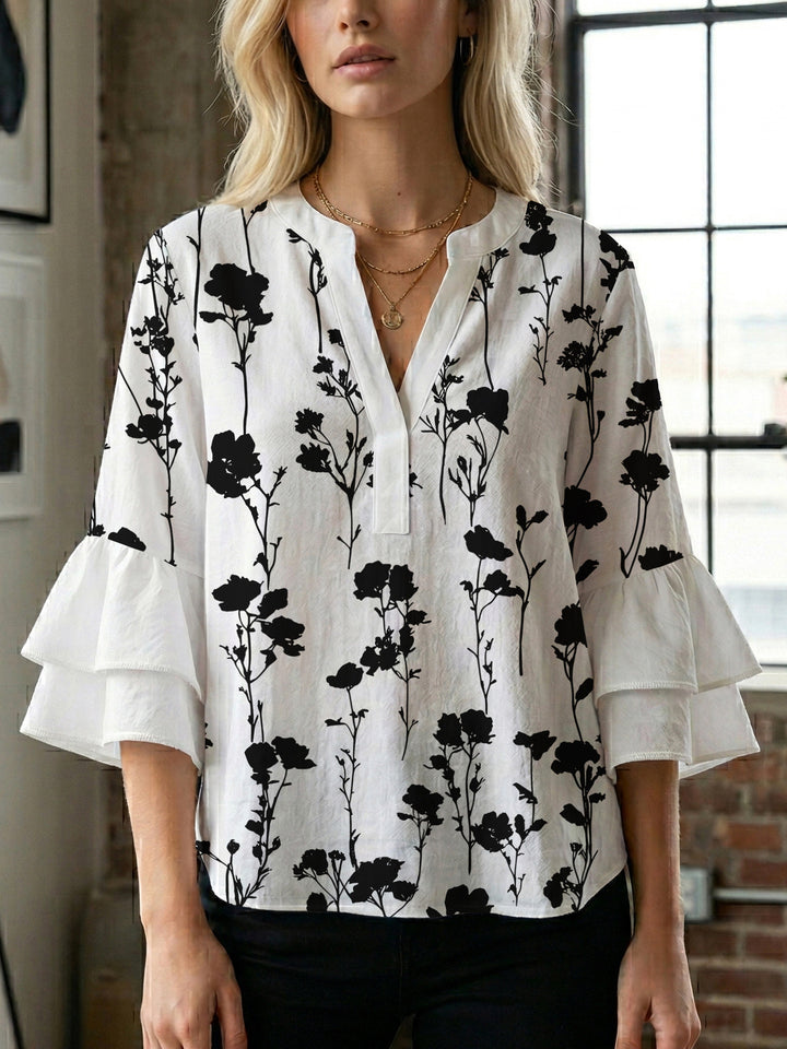 Women's casual blouse with ruffled sleeves and botanical print Lisslune