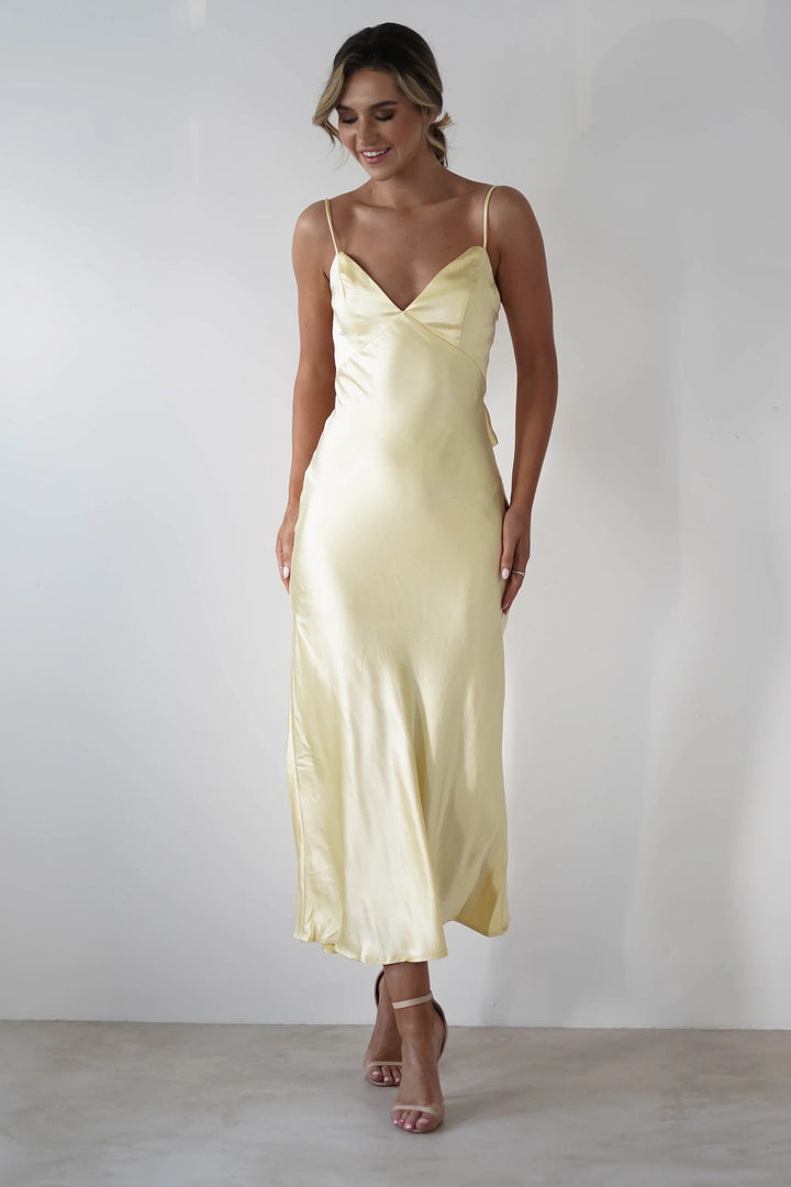 Ladies Satin Maxi Dress in elegant cut with narrow spaghetti straps Lune London