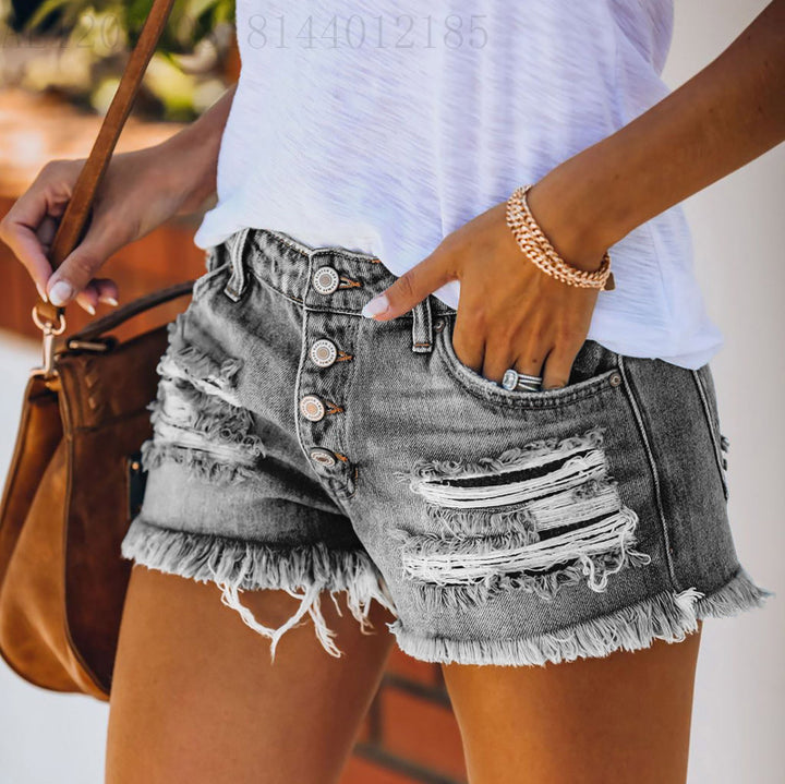 Women's casual destroyed denim shorts with button details and frayed hem Lisslune