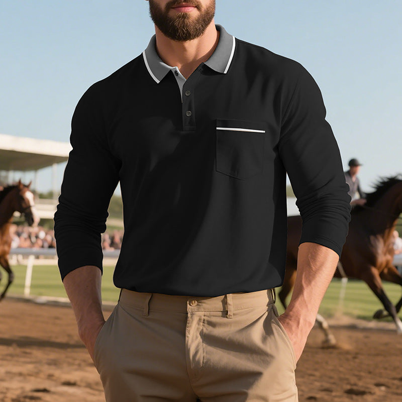 Men's Long Sleeve Polo Shirt with Fashionable Collar and Chest Pocket Lisslune