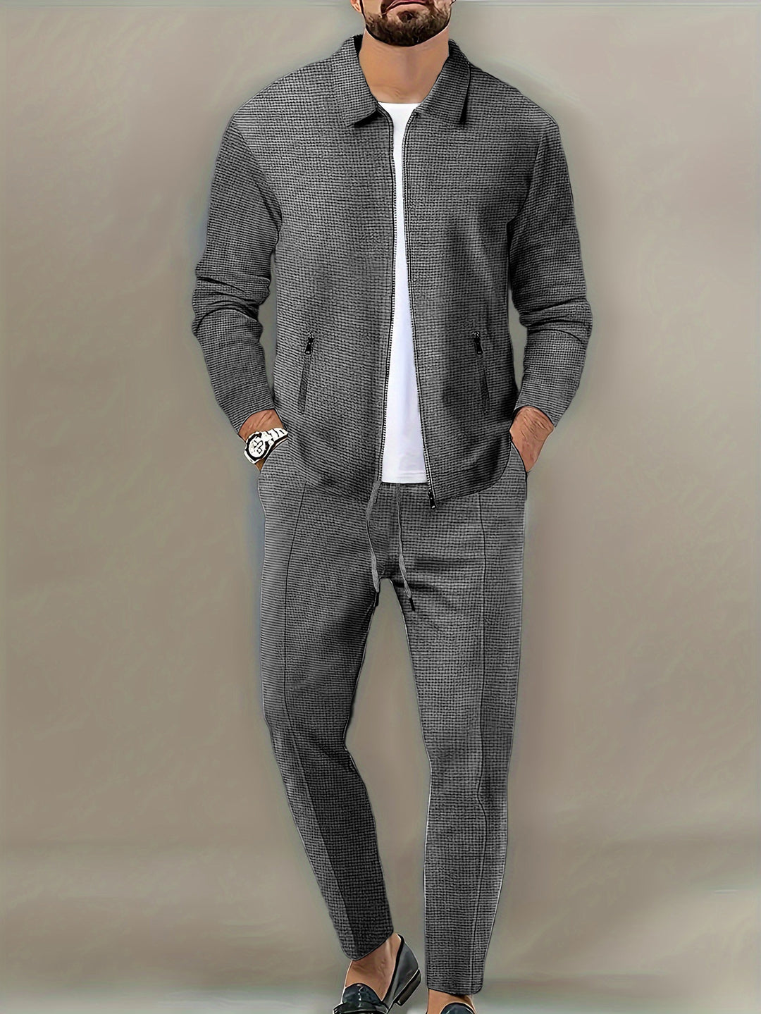 Men's Cut Leisure Jacket and Trouser Set with Textured Design Lisslune