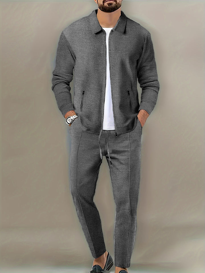 Men's Cut Leisure Jacket and Trouser Set with Textured Design Lisslune