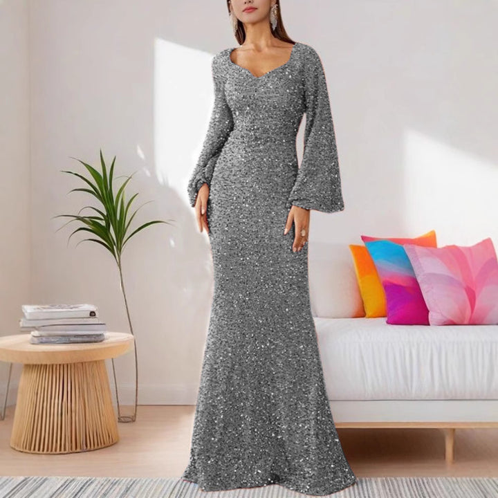 Ladies Glamorous Glitter Evening Dress with Swinging Skirt and Voluminous Sleeves Lisslune