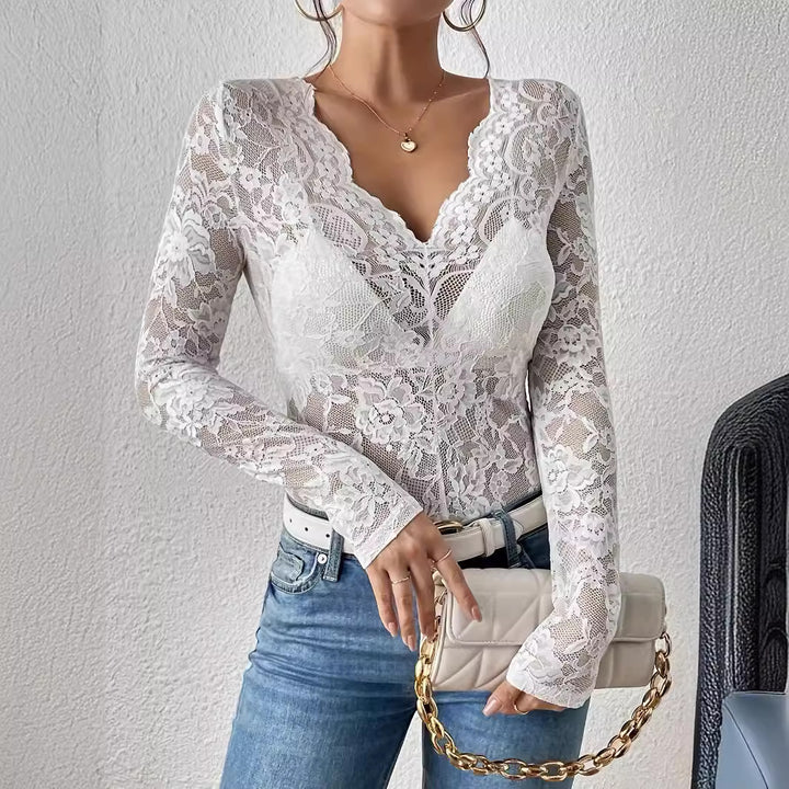 Women Elegant Lace Blouse with V-Neck and Long Sleeves Lisslune
