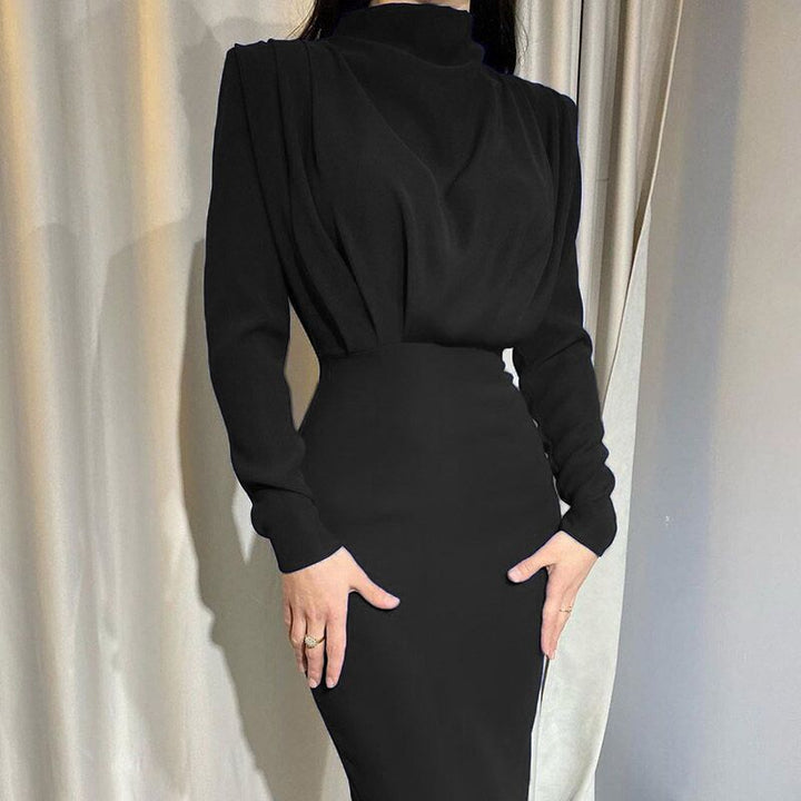 Damen Elegantes Langarm-Maxi-Kleid mit raffinierter Drapierung und hohem Kragen Lisslune