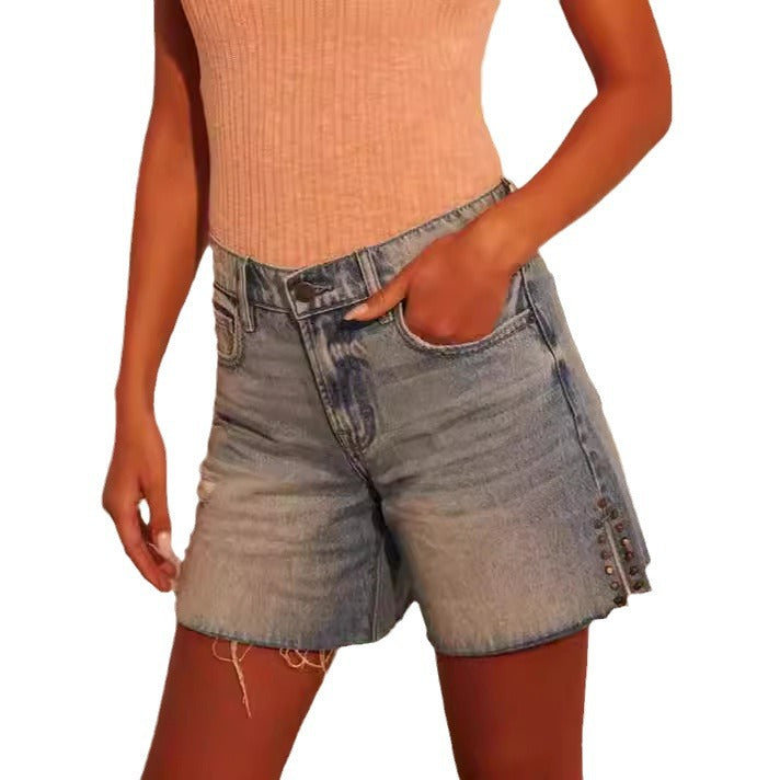 Women's fashionable destroyed denim shorts with stud embellishment Lisslune