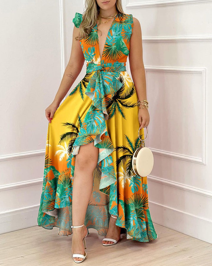 Women’s maxi dress with deep V-neck and asymmetrical skirt Lisslune