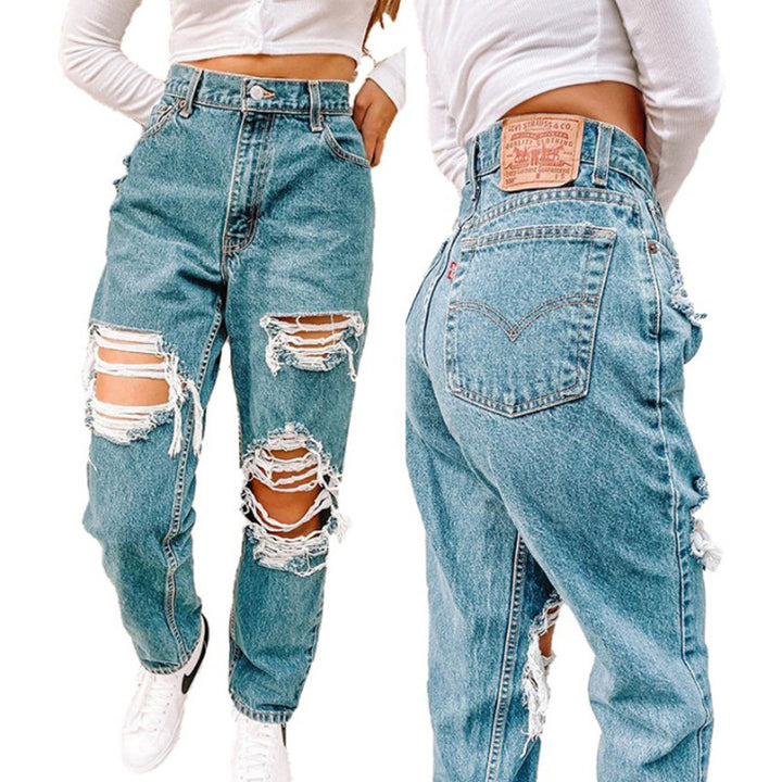 Damen Vintage High-Waist Destroyed Jeans mit fransigen Details Lisslune