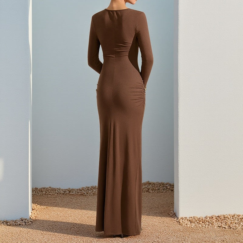 Women's Figure-Hugging Long Dress with Cut-Out Details and Wrap Look