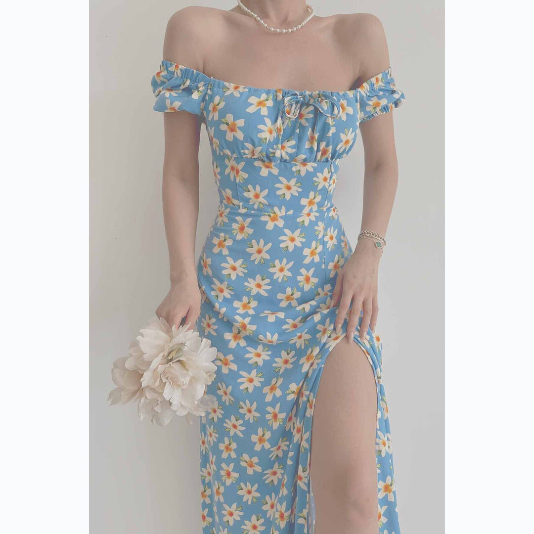 Women's Off-Shoulder Maxi Dress with Floral Design and Elegant Slit Lune London