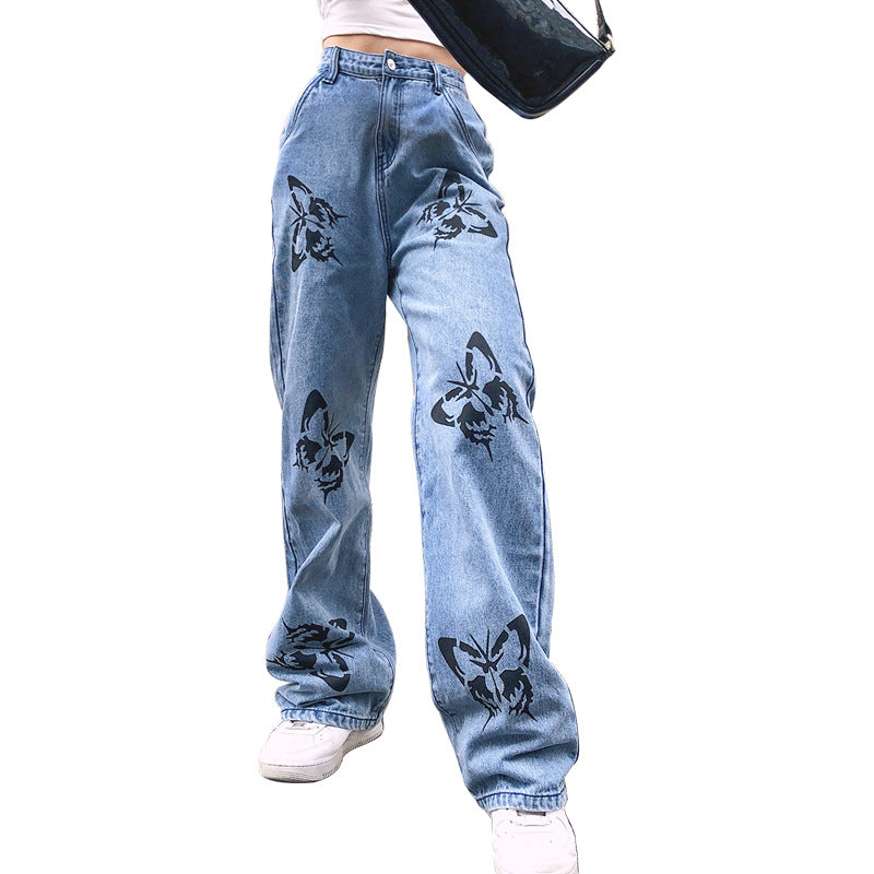 Damen weite Jeans mit auffälligem Schmetterlingsdruck Lisslune