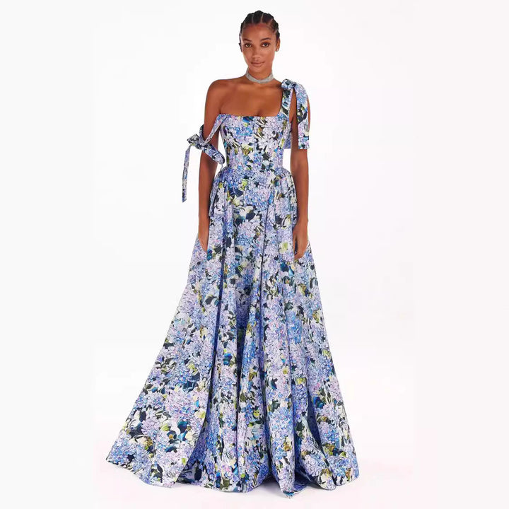 Women's Elegant Maxi Dress with Off-Shoulder Straps and Floral Print