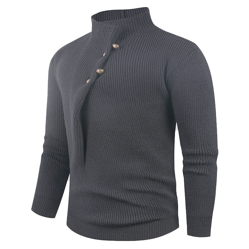 Men's knitted sweater with asymmetric collar and decorative wooden buttons Lisslune