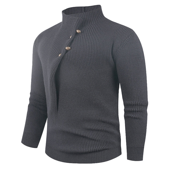 Men's knitted sweater with asymmetric collar and decorative wooden buttons Lisslune