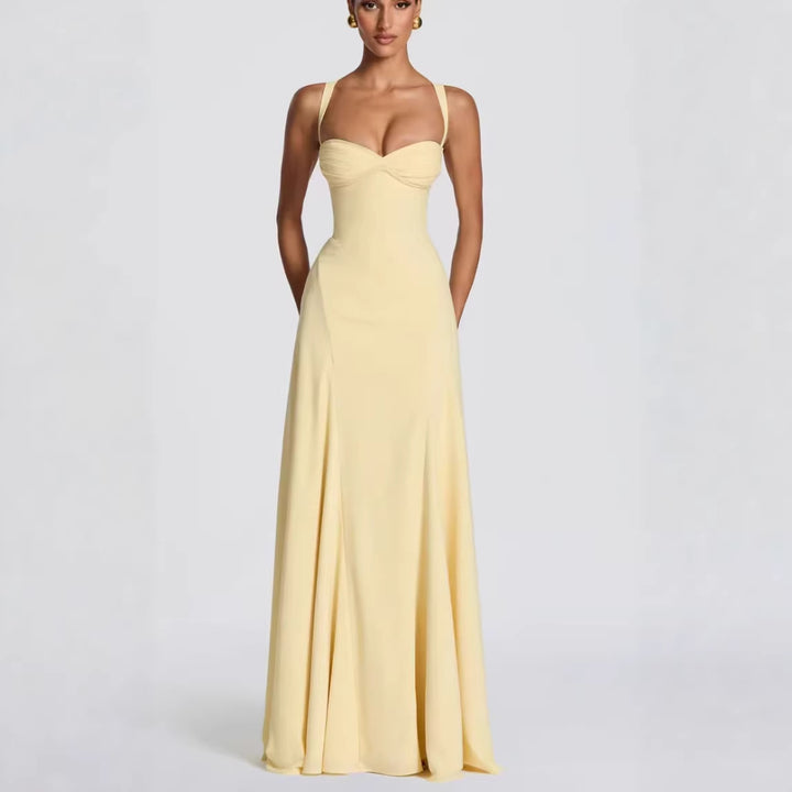 Ladies Elegant Maxi Dress with Heart-Shaped Neckline and Flowing Fabric