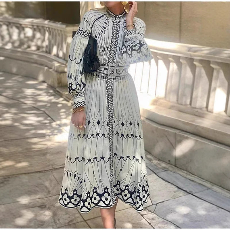 Ladies Elegant Shirt Dress with Graphic Pattern and Swinging Sleeves