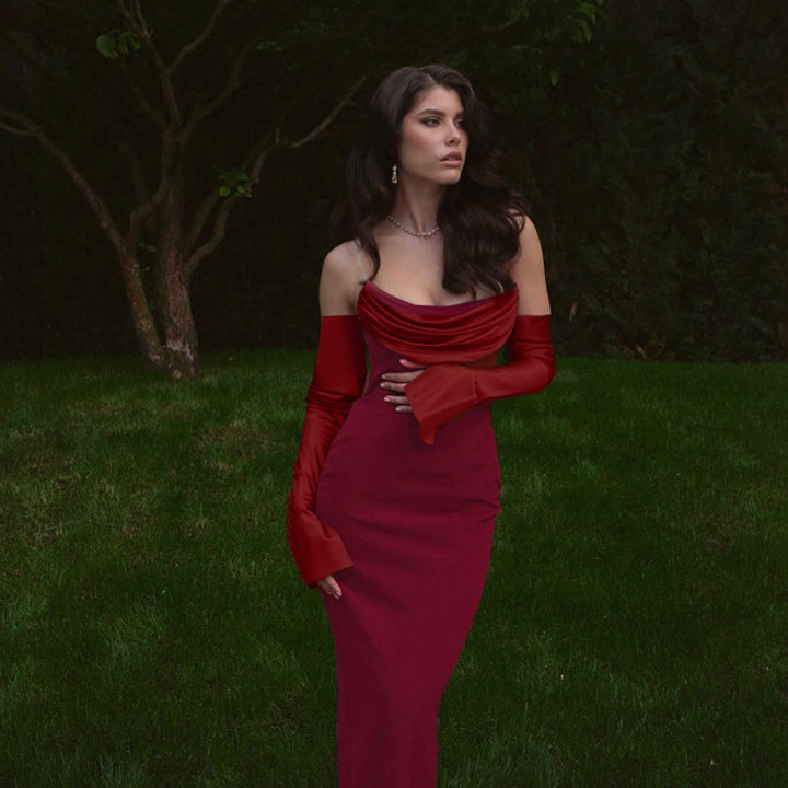 Ladies Long Sleeve Evening Dress with Elegant Waterfall Neckline and Figure-Hugging Cut