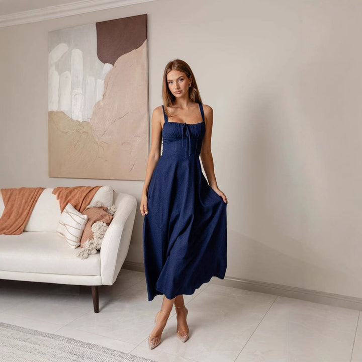 Women's maxi dress with flattering cut and decorative ruffle details