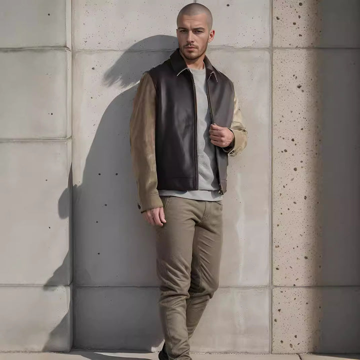 Men's fashionable synthetic leather jacket in modern design with textured sleeves Lisslune