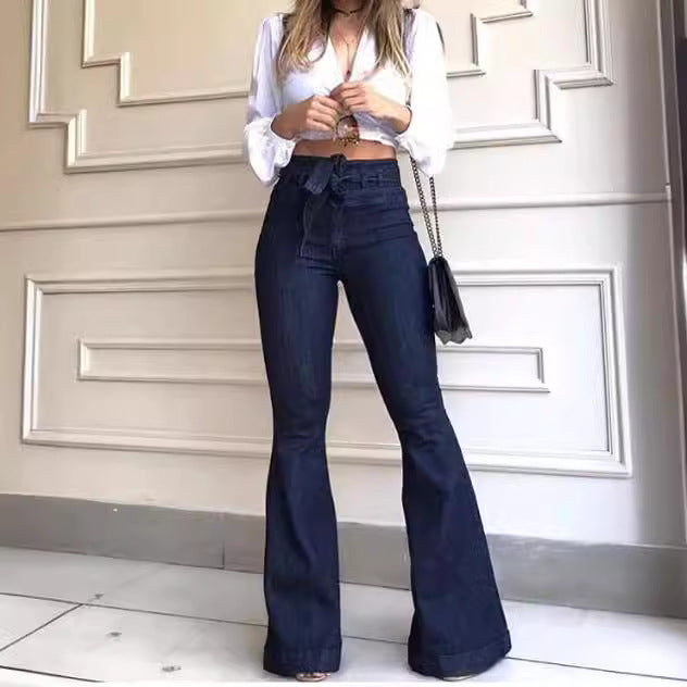 Women's High-Cut Flared Jeans with Stylish Belt and Frayed Hem Lisslune