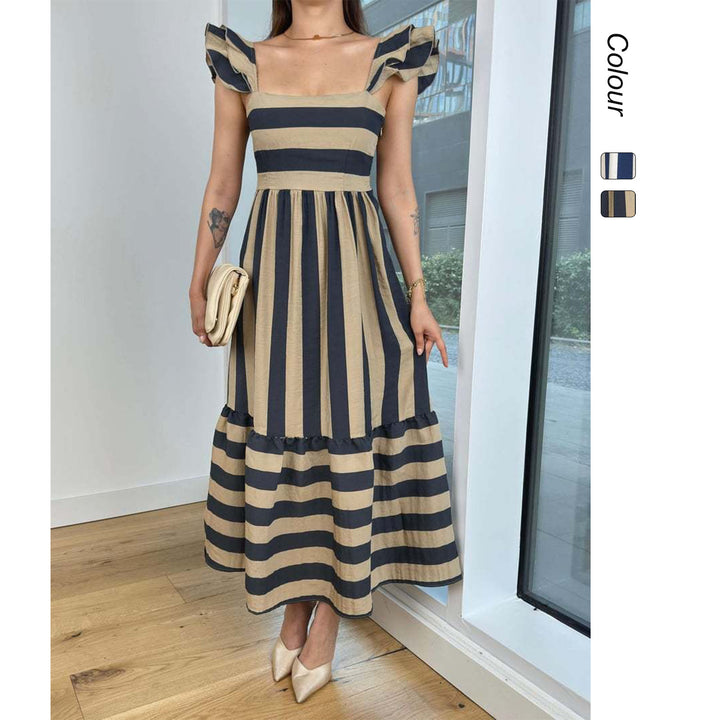 Ladies Maxi Dress with Playful Striped Pattern and Ruffle Details Lune London