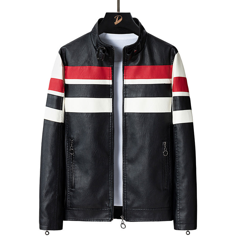 Men's synthetic leather jacket with sporty design and contrasting stripes Lisslune