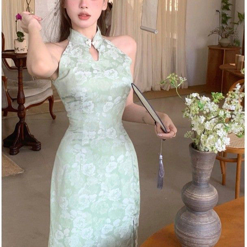 Ladies Elegant Evening Dress with Chic High Collar and Floral Pattern