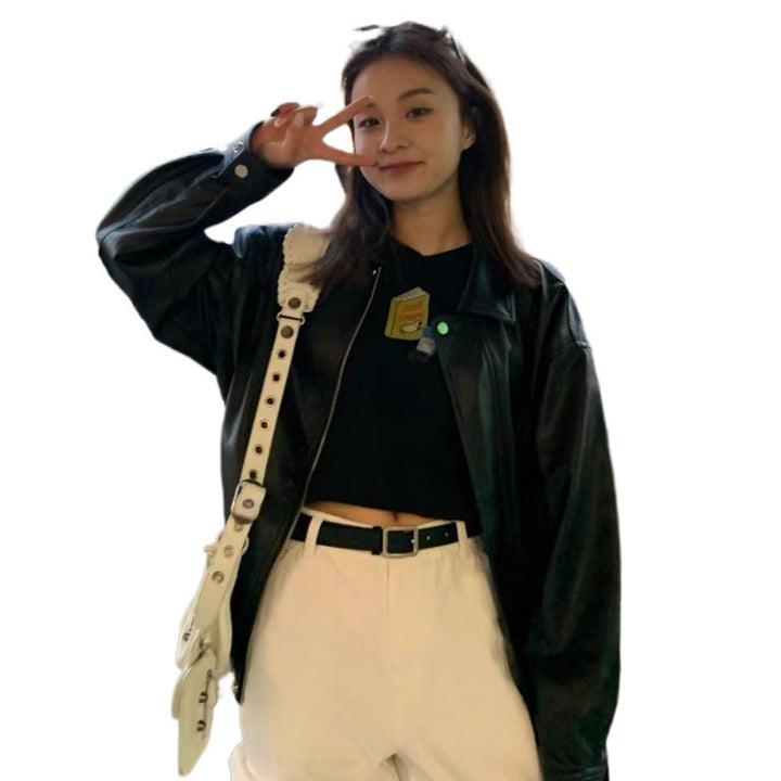 Women's leather jacket in oversized style with fashionable details Lisslune