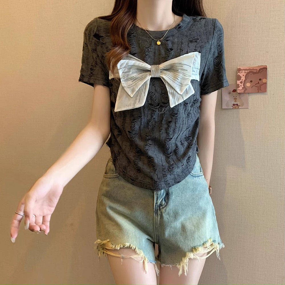 Women's short sleeve shirt with decorative bow detail