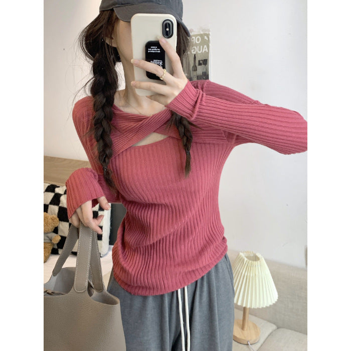 Women's long sleeve shirt with open shoulder area and rib knit pattern Lisslune