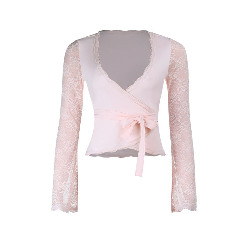 Ladies Elegant Wrap Top with Fine Lace Sleeves and Slim Waistline Lune London
