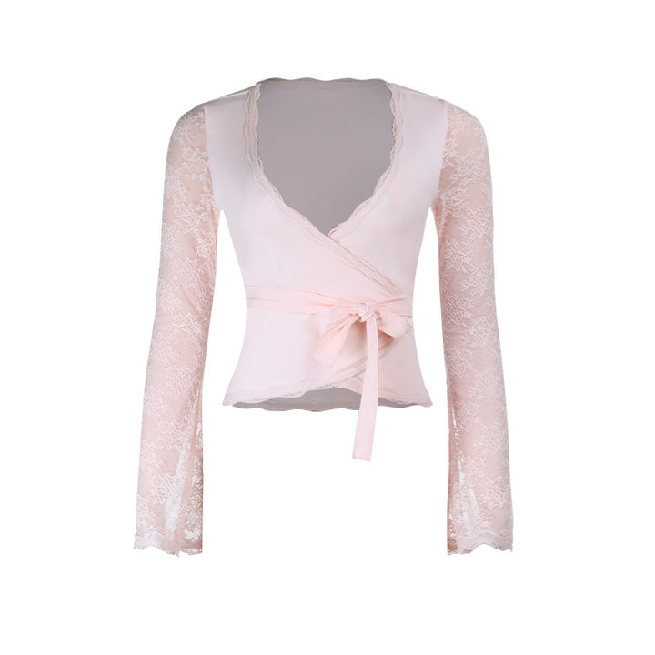 Ladies Elegant Wrap Top with Fine Lace Sleeves and Slim Waistline Lune London