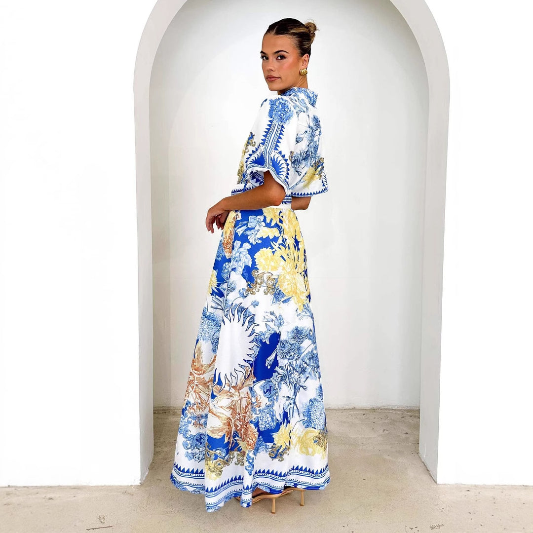 Ladies Elegant Maxi Dress with Floral Design and Slit Hem Lisslune