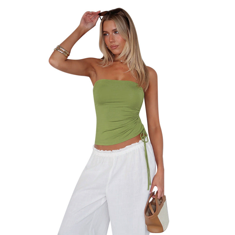 Women's elastic wrap top with delicate gathering and tailored silhouette