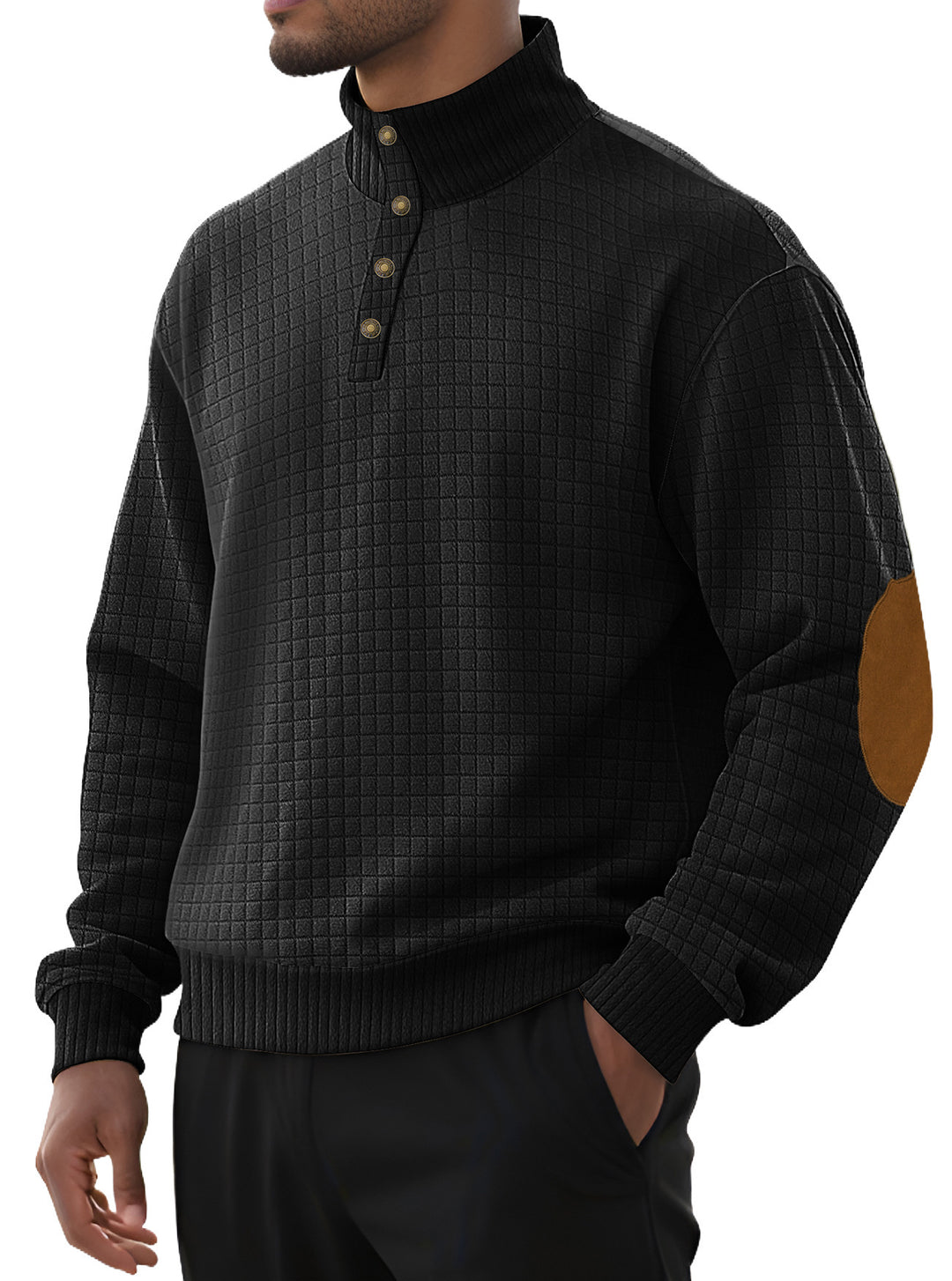 Men's fashionable stand-up collar sweater with textured design and leather applications Lisslune