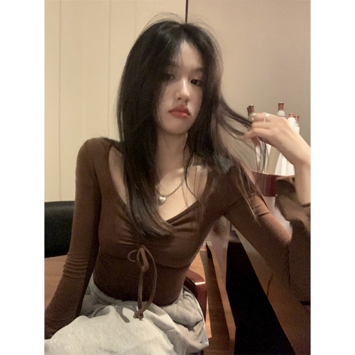 Women's Cropped Long Sleeve Shirt with Eye-catching Knot Detail Lisslune