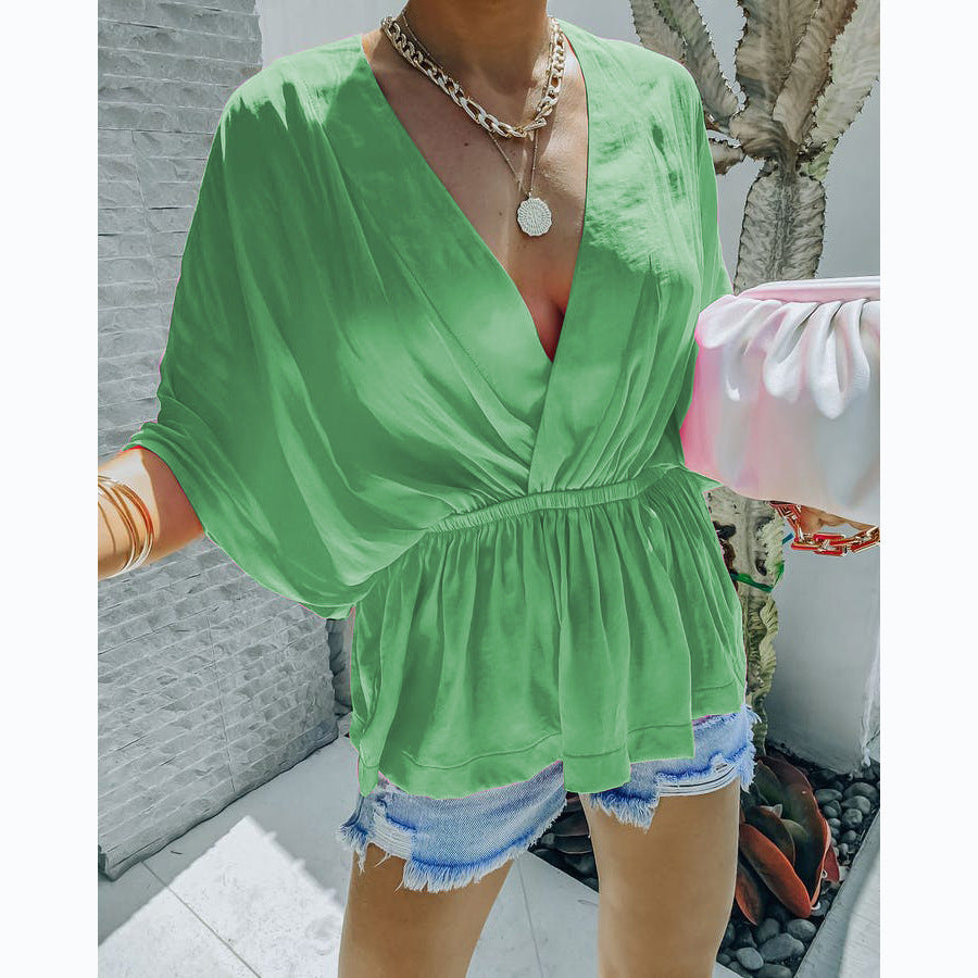 Women’s Lightweight Blouse Top with Deep V-Neck and Elastic Waistband Lune London