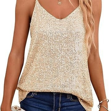 Women's Sparkling Spaghetti Strap Top with V-Neck and Shimmering Details Lisslune