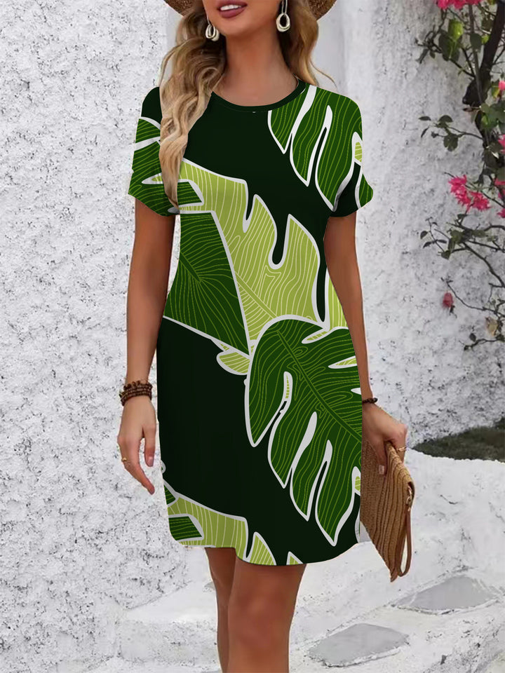 Women Short Sleeve Dress with Floral Line Pattern Lisslune